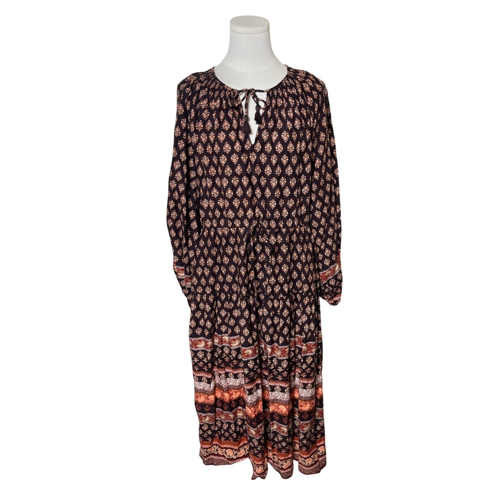 Boho Prairie Peasant Midi Dress Tassel‎ Tie Brown Paisley Old Navy Women M